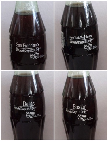 € 30,00 coca cola st van 4 flessen 8oz worldcup 1994 nrs. 1993 / 4687, 4652, 4650, 4525